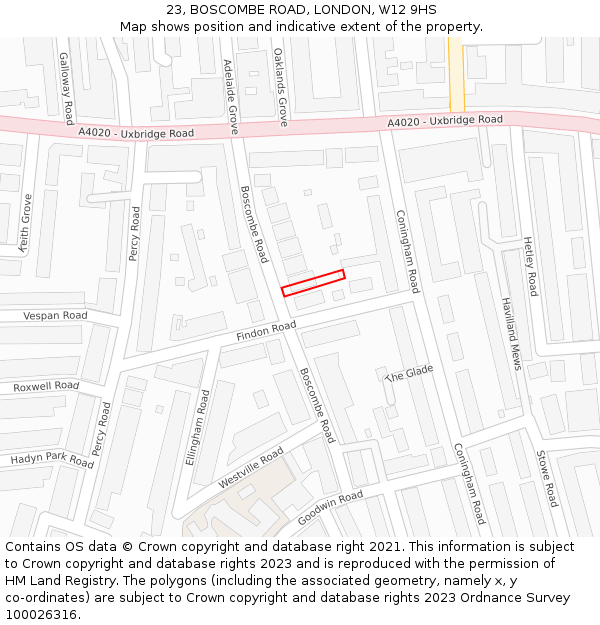 23, BOSCOMBE ROAD, LONDON, W12 9HS: Location map and indicative extent of plot