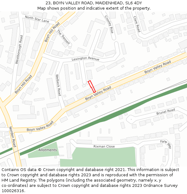 23, BOYN VALLEY ROAD, MAIDENHEAD, SL6 4DY: Location map and indicative extent of plot