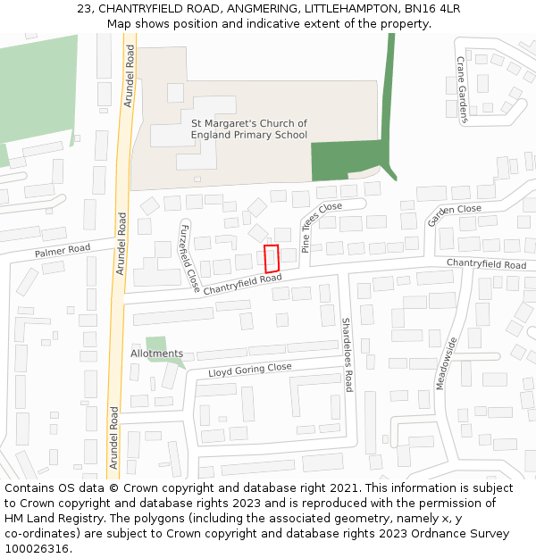 23, CHANTRYFIELD ROAD, ANGMERING, LITTLEHAMPTON, BN16 4LR: Location map and indicative extent of plot