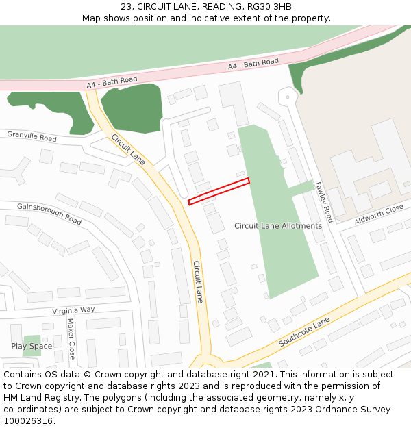 23, CIRCUIT LANE, READING, RG30 3HB: Location map and indicative extent of plot