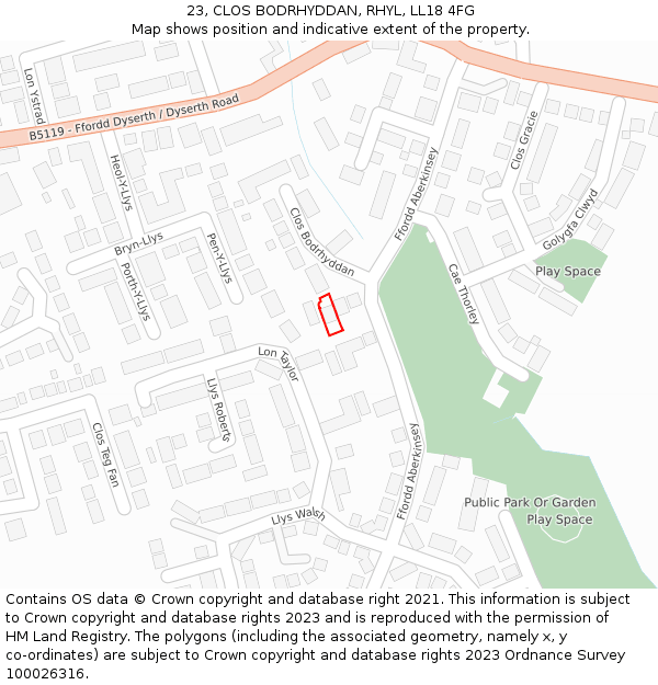 23, CLOS BODRHYDDAN, RHYL, LL18 4FG: Location map and indicative extent of plot