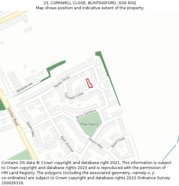 23, CORNWELL CLOSE, BUNTINGFORD, SG9 9GQ: Location map and indicative extent of plot