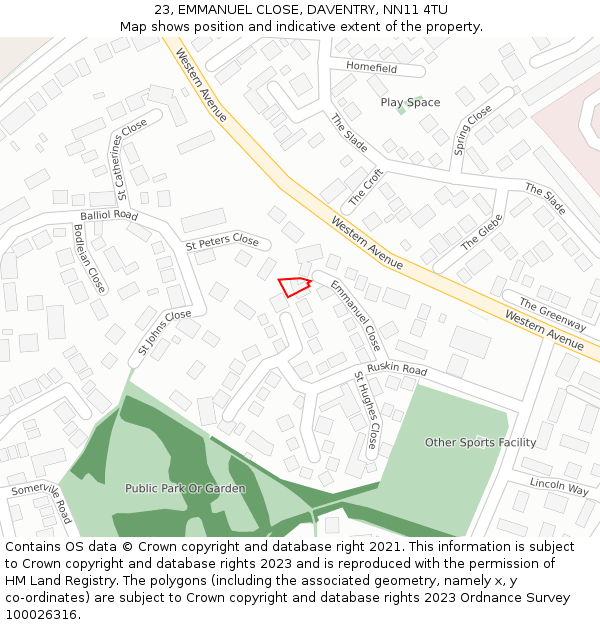 23, EMMANUEL CLOSE, DAVENTRY, NN11 4TU: Location map and indicative extent of plot