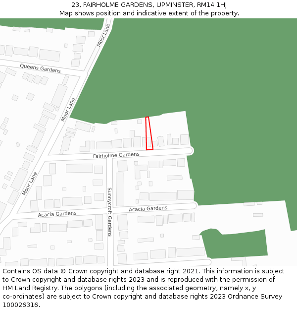 23, FAIRHOLME GARDENS, UPMINSTER, RM14 1HJ: Location map and indicative extent of plot