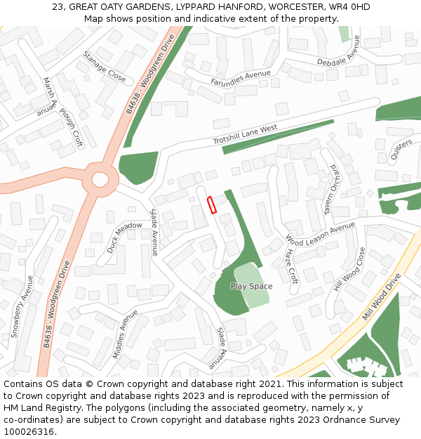 23, GREAT OATY GARDENS, LYPPARD HANFORD, WORCESTER, WR4 0HD: Location map and indicative extent of plot