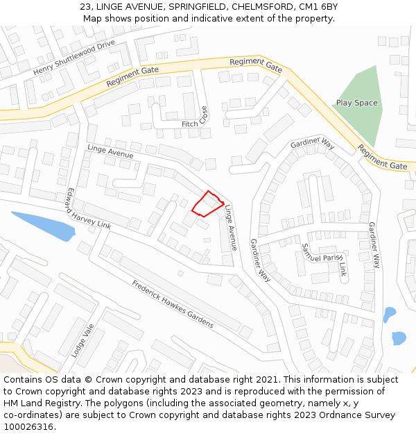 23, LINGE AVENUE, SPRINGFIELD, CHELMSFORD, CM1 6BY: Location map and indicative extent of plot