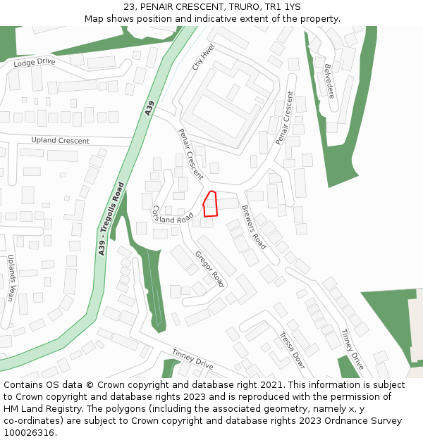 23, PENAIR CRESCENT, TRURO, TR1 1YS: Location map and indicative extent of plot