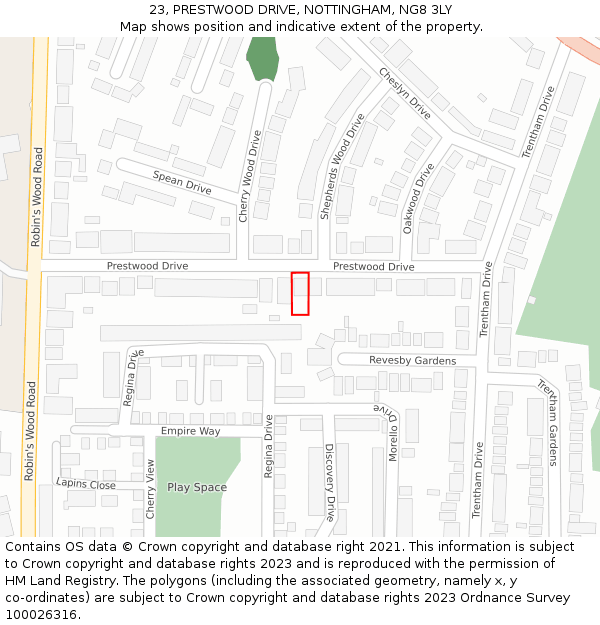 23, PRESTWOOD DRIVE, NOTTINGHAM, NG8 3LY: Location map and indicative extent of plot