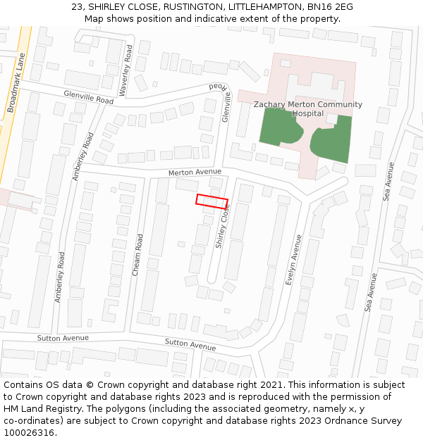 23, SHIRLEY CLOSE, RUSTINGTON, LITTLEHAMPTON, BN16 2EG: Location map and indicative extent of plot
