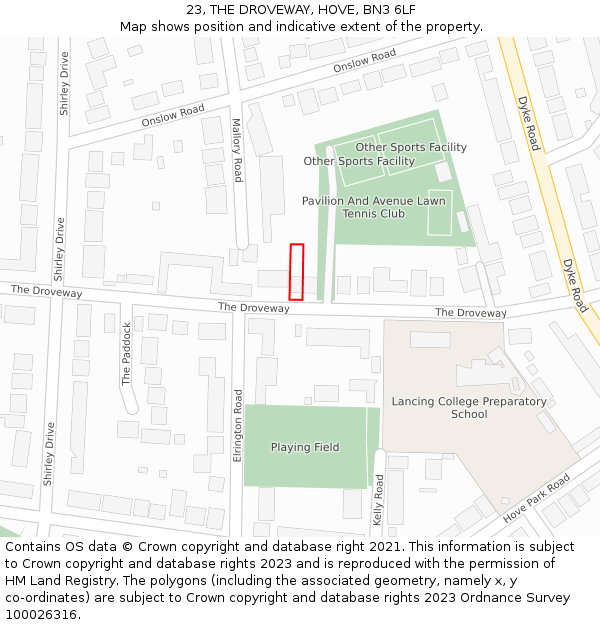 23, THE DROVEWAY, HOVE, BN3 6LF: Location map and indicative extent of plot