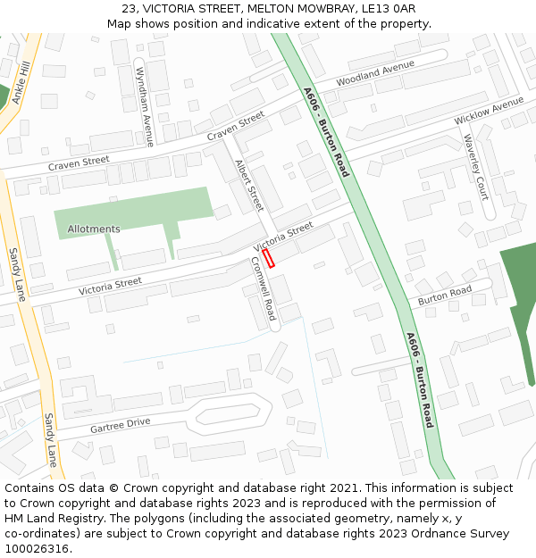 23, VICTORIA STREET, MELTON MOWBRAY, LE13 0AR: Location map and indicative extent of plot
