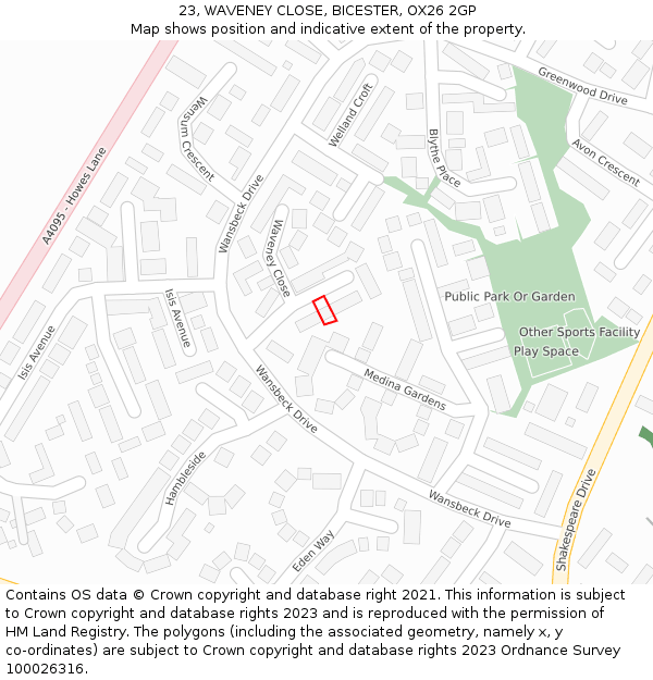 23, WAVENEY CLOSE, BICESTER, OX26 2GP: Location map and indicative extent of plot