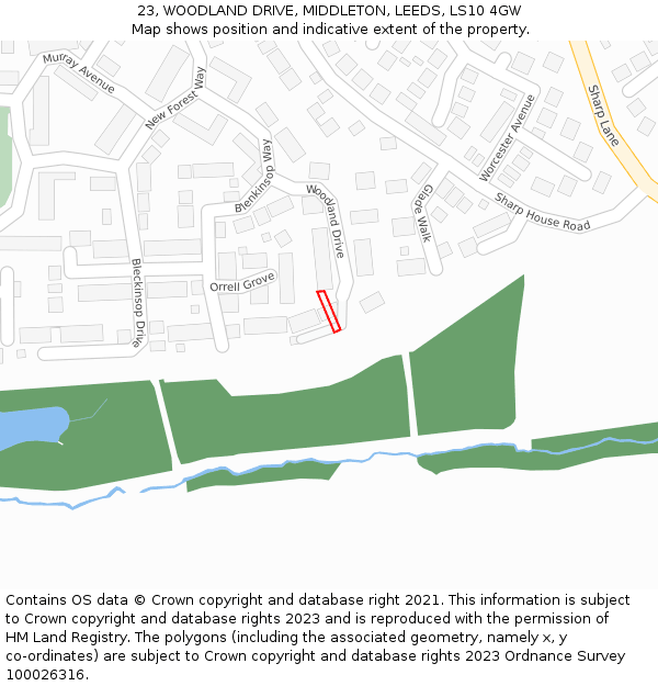 23, WOODLAND DRIVE, MIDDLETON, LEEDS, LS10 4GW: Location map and indicative extent of plot