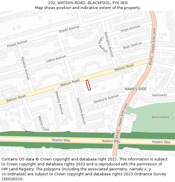 232, WATSON ROAD, BLACKPOOL, FY4 3EG: Location map and indicative extent of plot