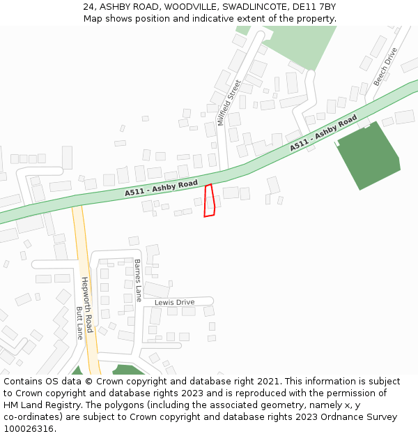 24, ASHBY ROAD, WOODVILLE, SWADLINCOTE, DE11 7BY: Location map and indicative extent of plot
