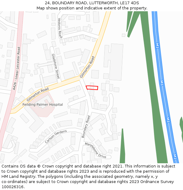 24, BOUNDARY ROAD, LUTTERWORTH, LE17 4DS: Location map and indicative extent of plot