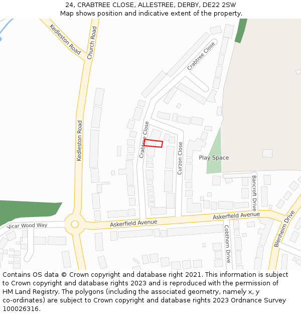 24, CRABTREE CLOSE, ALLESTREE, DERBY, DE22 2SW: Location map and indicative extent of plot