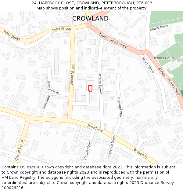 24, HARDWICK CLOSE, CROWLAND, PETERBOROUGH, PE6 0FP: Location map and indicative extent of plot