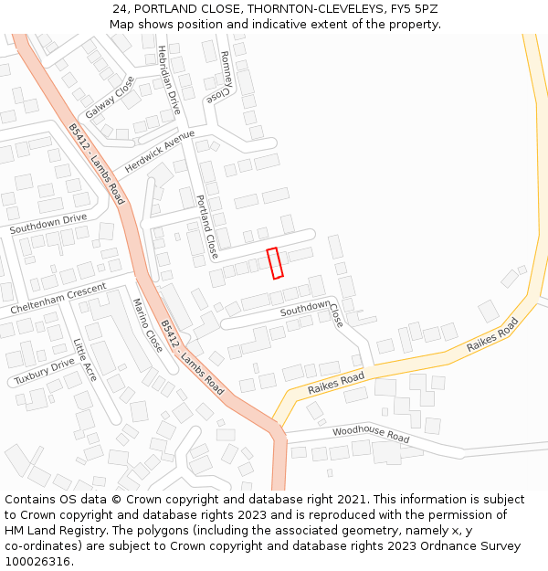 24, PORTLAND CLOSE, THORNTON-CLEVELEYS, FY5 5PZ: Location map and indicative extent of plot