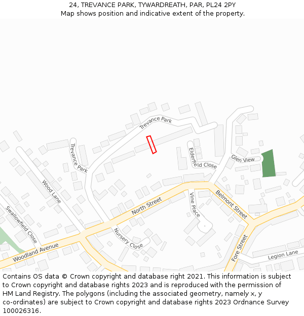 24, TREVANCE PARK, TYWARDREATH, PAR, PL24 2PY: Location map and indicative extent of plot