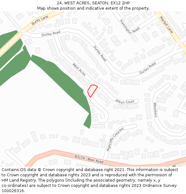 24, WEST ACRES, SEATON, EX12 2HP: Location map and indicative extent of plot
