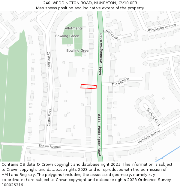 240, WEDDINGTON ROAD, NUNEATON, CV10 0ER: Location map and indicative extent of plot