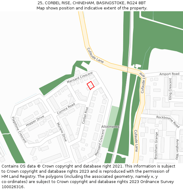 25, CORBEL RISE, CHINEHAM, BASINGSTOKE, RG24 8BT: Location map and indicative extent of plot