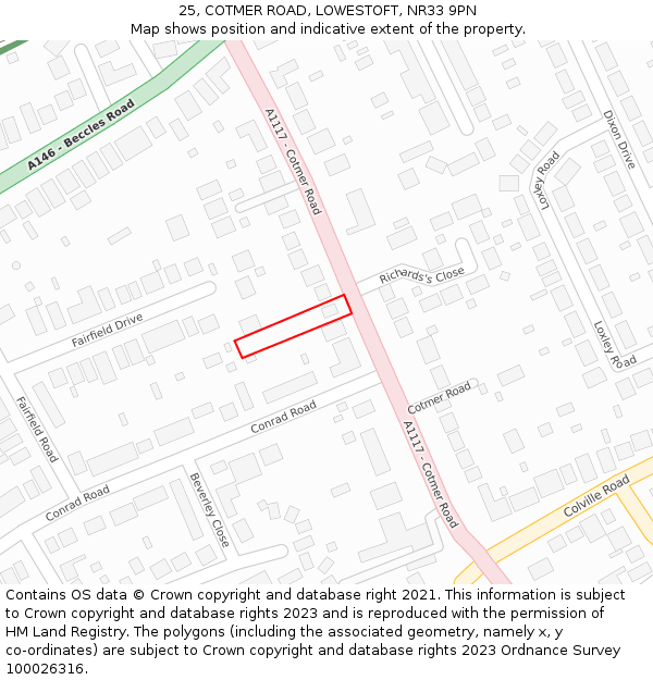 25, COTMER ROAD, LOWESTOFT, NR33 9PN: Location map and indicative extent of plot