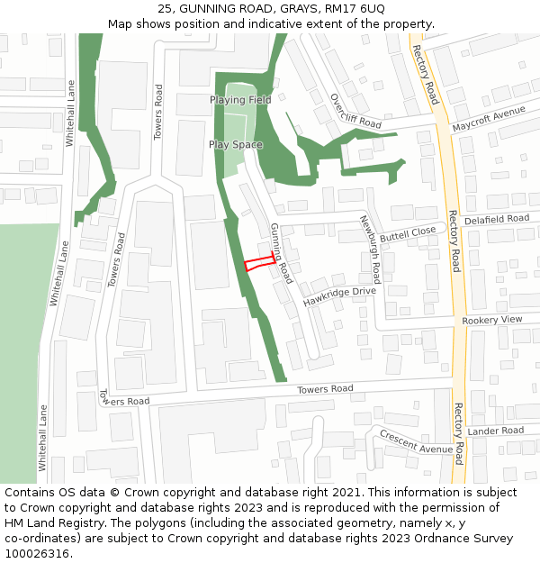 25, GUNNING ROAD, GRAYS, RM17 6UQ: Location map and indicative extent of plot