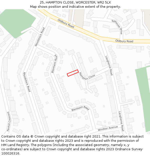 25, HAMPTON CLOSE, WORCESTER, WR2 5LX: Location map and indicative extent of plot