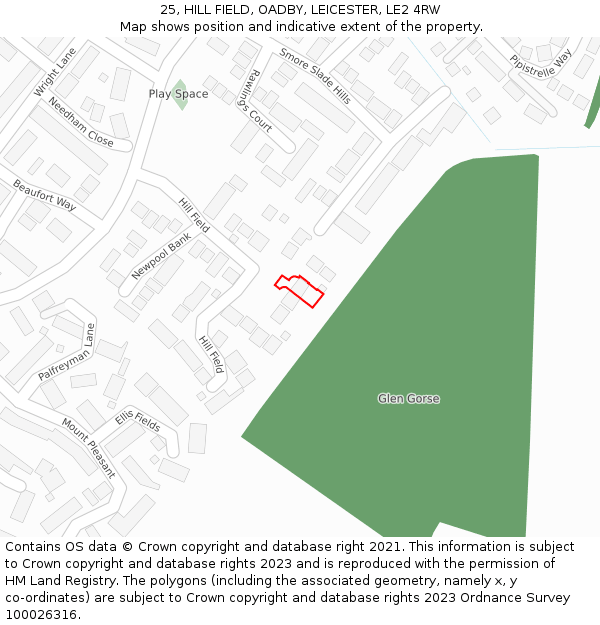 25, HILL FIELD, OADBY, LEICESTER, LE2 4RW: Location map and indicative extent of plot