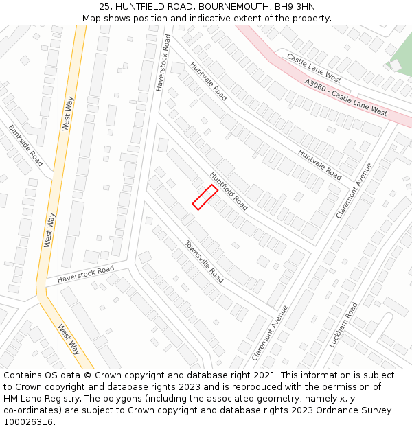 25, HUNTFIELD ROAD, BOURNEMOUTH, BH9 3HN: Location map and indicative extent of plot