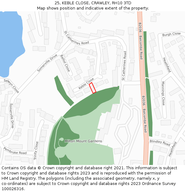 25, KEBLE CLOSE, CRAWLEY, RH10 3TD: Location map and indicative extent of plot