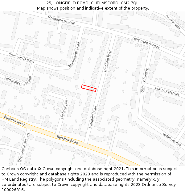 25, LONGFIELD ROAD, CHELMSFORD, CM2 7QH: Location map and indicative extent of plot