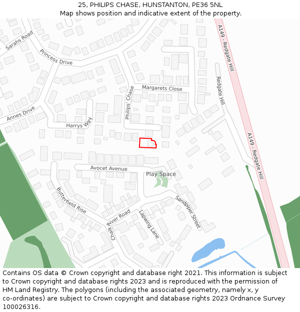 25, PHILIPS CHASE, HUNSTANTON, PE36 5NL: Location map and indicative extent of plot