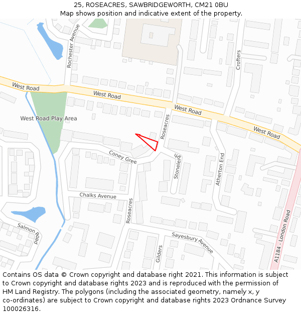 25, ROSEACRES, SAWBRIDGEWORTH, CM21 0BU: Location map and indicative extent of plot