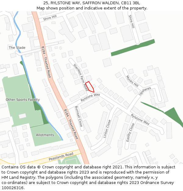 25, RYLSTONE WAY, SAFFRON WALDEN, CB11 3BL: Location map and indicative extent of plot