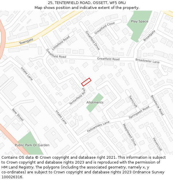 25, TENTERFIELD ROAD, OSSETT, WF5 0RU: Location map and indicative extent of plot
