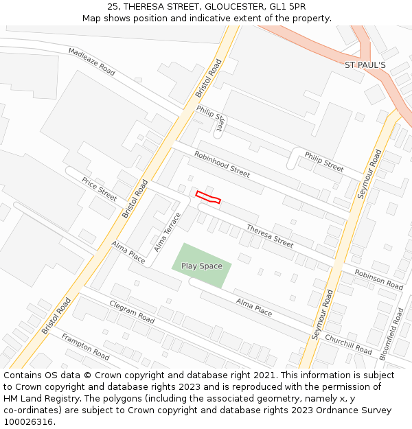 25, THERESA STREET, GLOUCESTER, GL1 5PR: Location map and indicative extent of plot