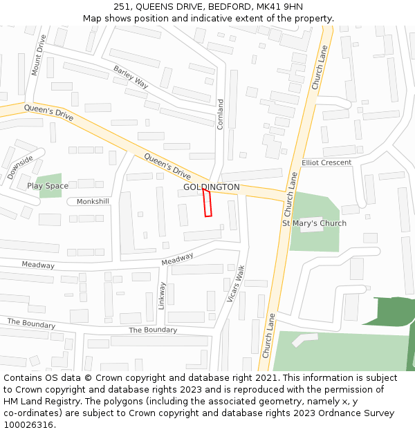 251, QUEENS DRIVE, BEDFORD, MK41 9HN: Location map and indicative extent of plot