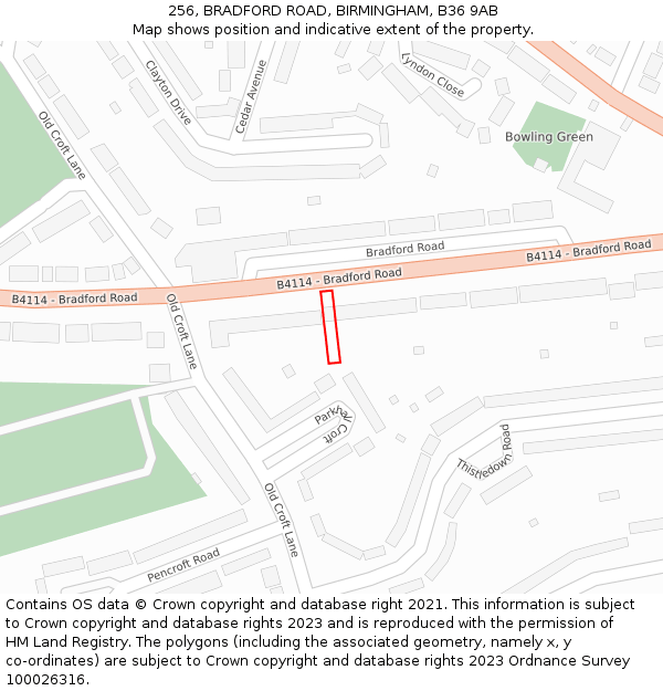 256, BRADFORD ROAD, BIRMINGHAM, B36 9AB: Location map and indicative extent of plot