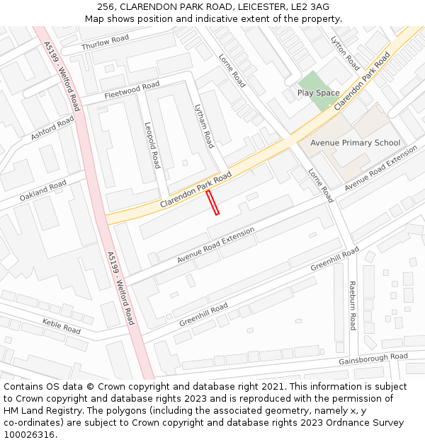 256, CLARENDON PARK ROAD, LEICESTER, LE2 3AG: Location map and indicative extent of plot