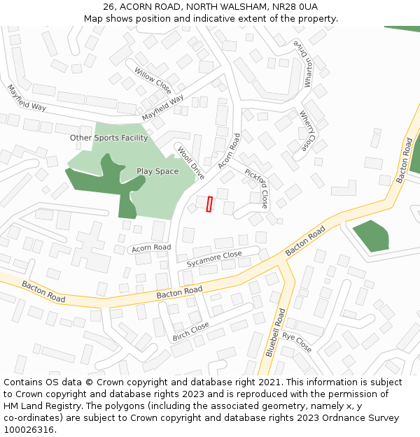 26, ACORN ROAD, NORTH WALSHAM, NR28 0UA: Location map and indicative extent of plot