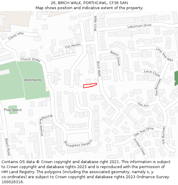 26, BIRCH WALK, PORTHCAWL, CF36 5AN: Location map and indicative extent of plot