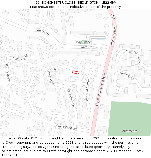 26, BONCHESTER CLOSE, BEDLINGTON, NE22 6JW: Location map and indicative extent of plot