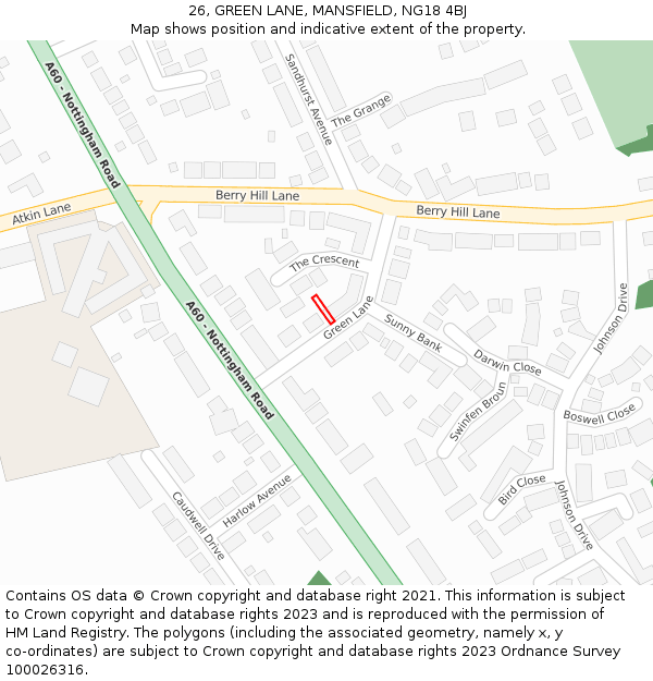 26, GREEN LANE, MANSFIELD, NG18 4BJ: Location map and indicative extent of plot
