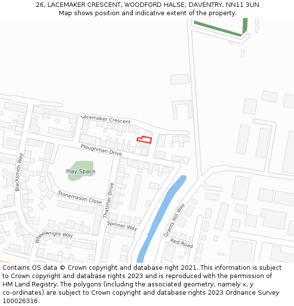26, LACEMAKER CRESCENT, WOODFORD HALSE, DAVENTRY, NN11 3UN: Location map and indicative extent of plot