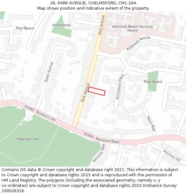 26, PARK AVENUE, CHELMSFORD, CM1 2AA: Location map and indicative extent of plot