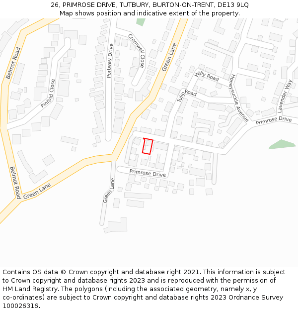 26, PRIMROSE DRIVE, TUTBURY, BURTON-ON-TRENT, DE13 9LQ: Location map and indicative extent of plot