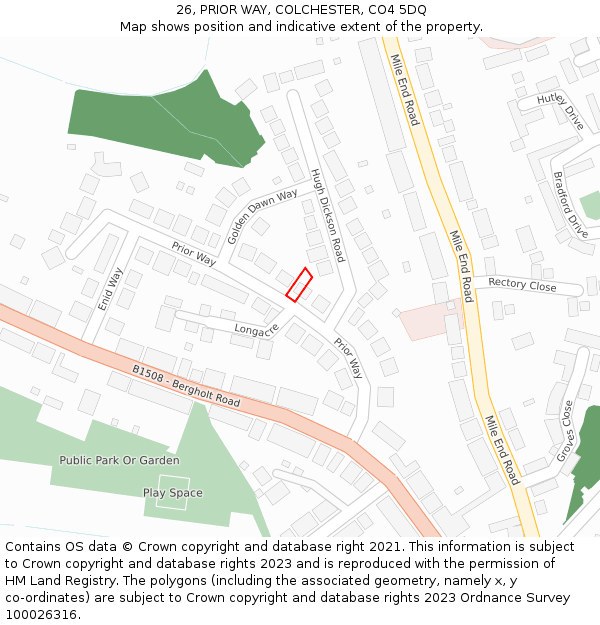 26, PRIOR WAY, COLCHESTER, CO4 5DQ: Location map and indicative extent of plot